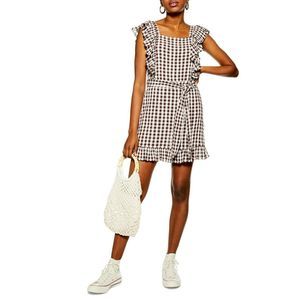TOPSHOP US Brown Gingham Ruffle Mini Dress Ruffle